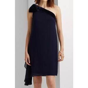 RALPH LAUREN sz 14 1X plus Navy blue One Shoulder Velvet Bow party Dress NWT B85